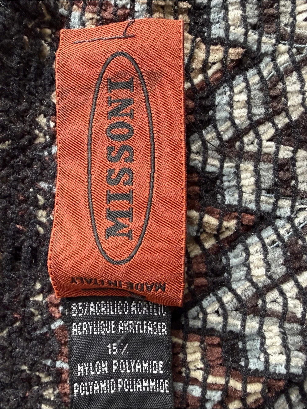 Missoni Italy Knit Chevron Scarf - Brown, Black & Light Blue Zig Zag- 67”